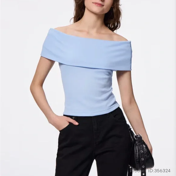 GU Women’s Off-Shoulder Ribbed Camisole in Light Blue - Picture 1 of 7